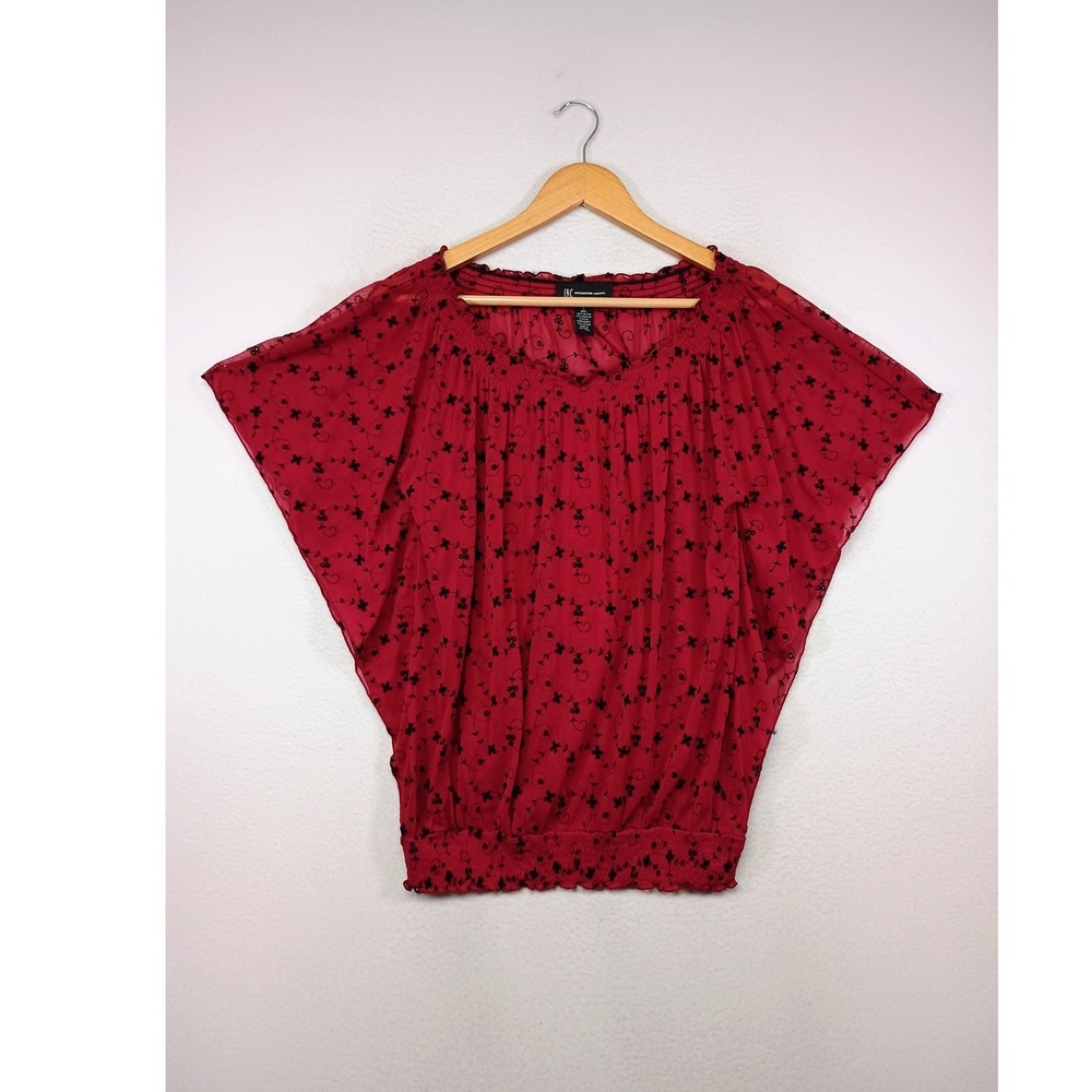 Whimsigoth‎ INC International Concepts Womens L Embroidered Mesh Smocked Blouse